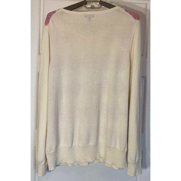 Talbots Argyle Ivory & Pink w/Sequins Button Front Sweater 1X - Picture 3 of 6